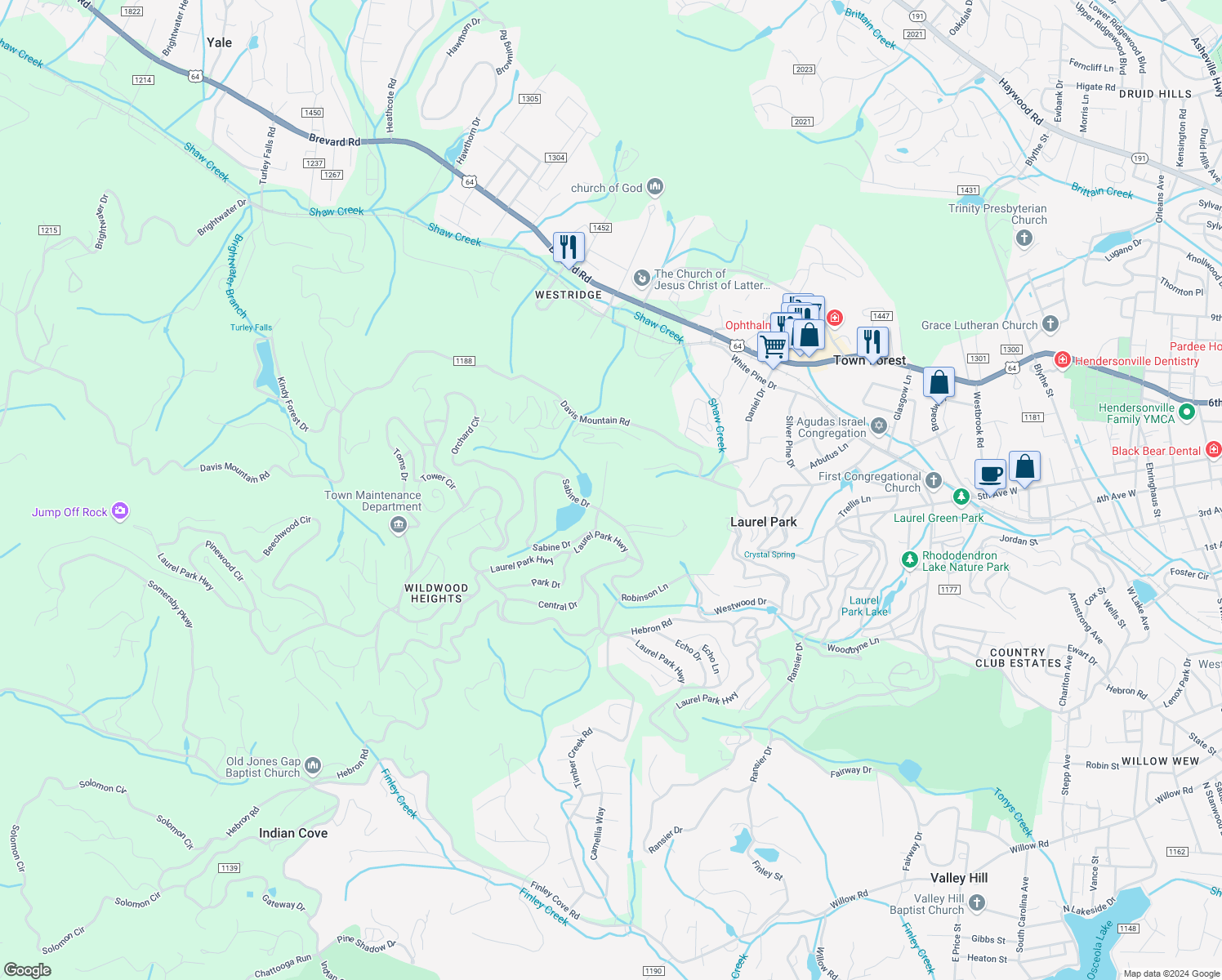 map of restaurants, bars, coffee shops, grocery stores, and more near 170 Apple Lane in Laurel Park