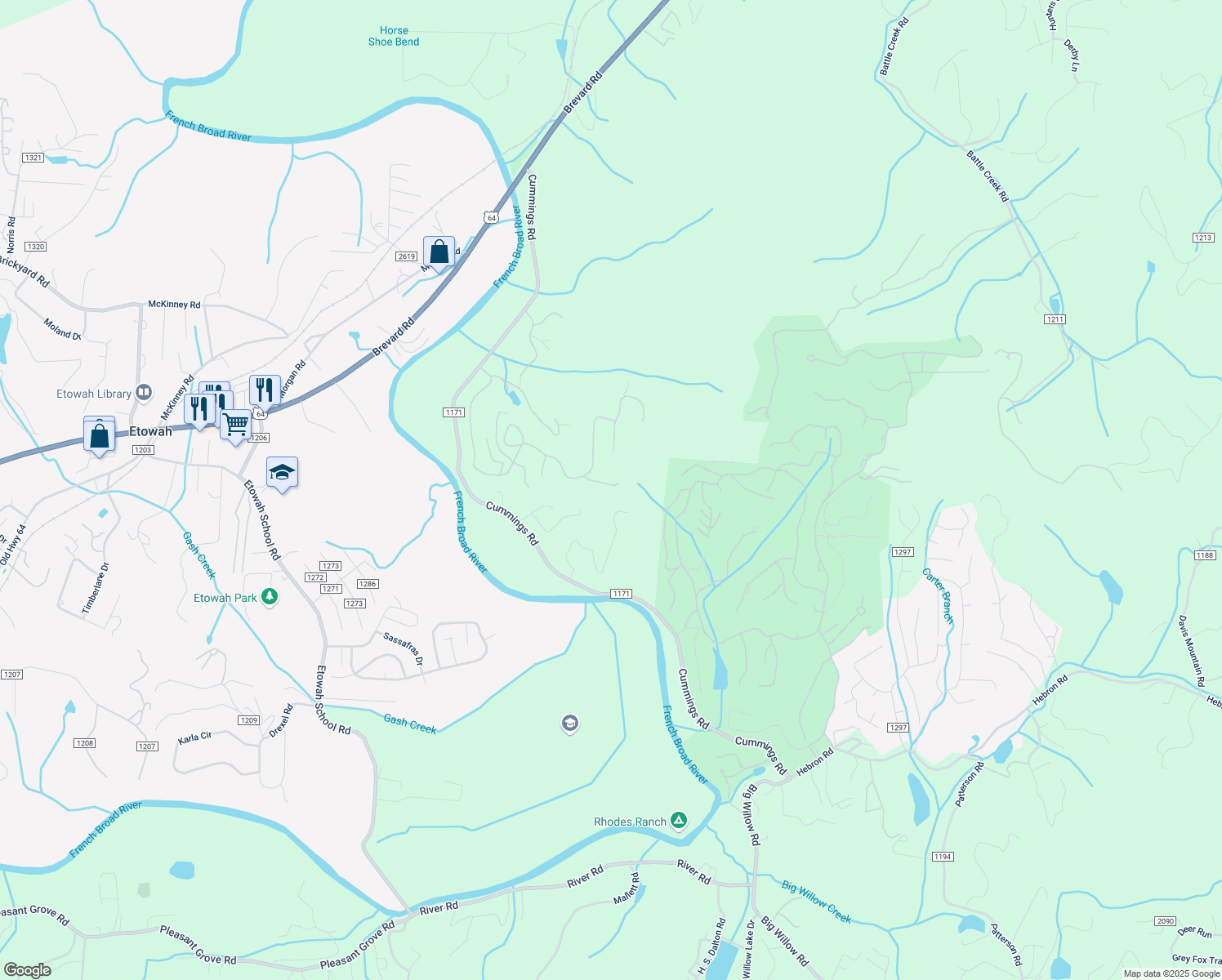 map of restaurants, bars, coffee shops, grocery stores, and more near 2109 Deep Woods Drive in Hendersonville