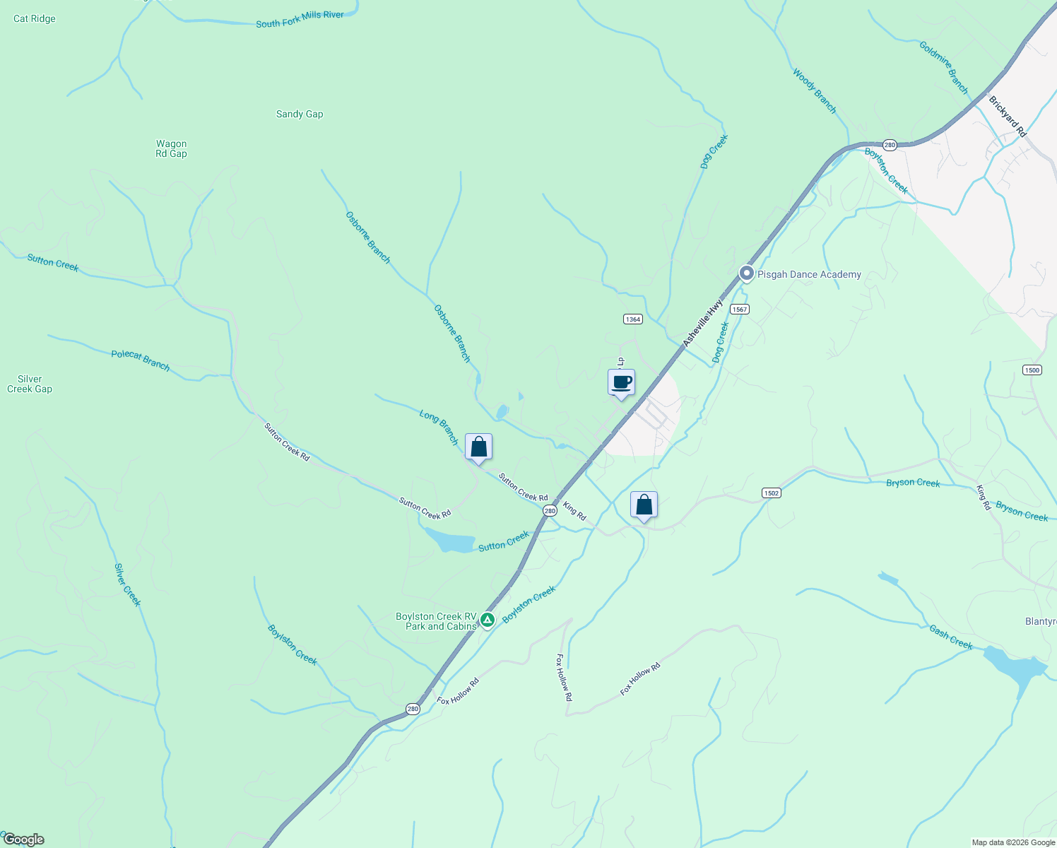 map of restaurants, bars, coffee shops, grocery stores, and more near 143 Holland Road in Pisgah Forest