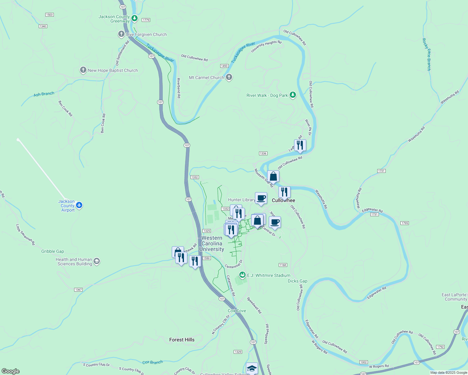 map of restaurants, bars, coffee shops, grocery stores, and more near 324 Norton Rd in Cullowhee