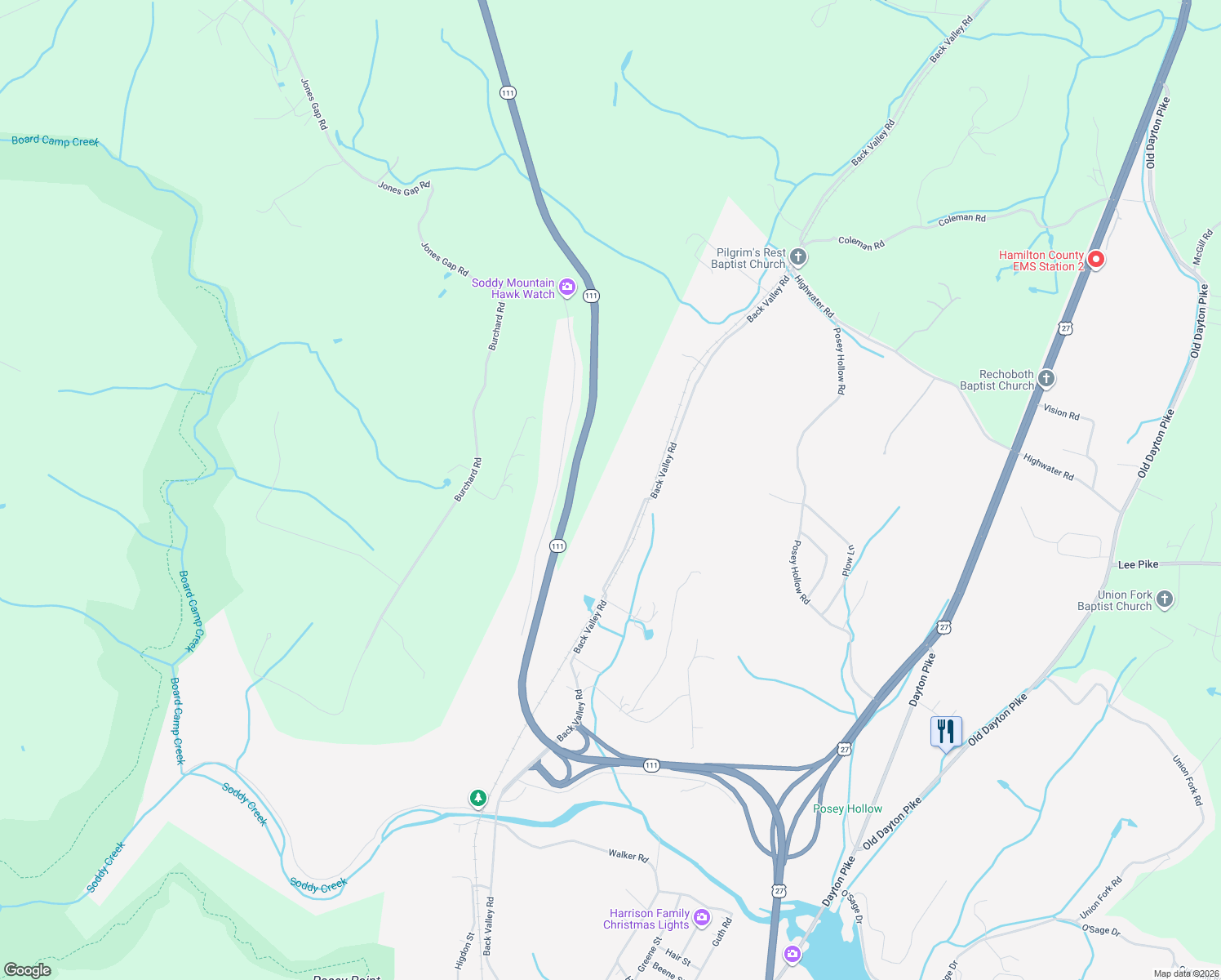 map of restaurants, bars, coffee shops, grocery stores, and more near 12155 Back Valley Road in Soddy-Daisy