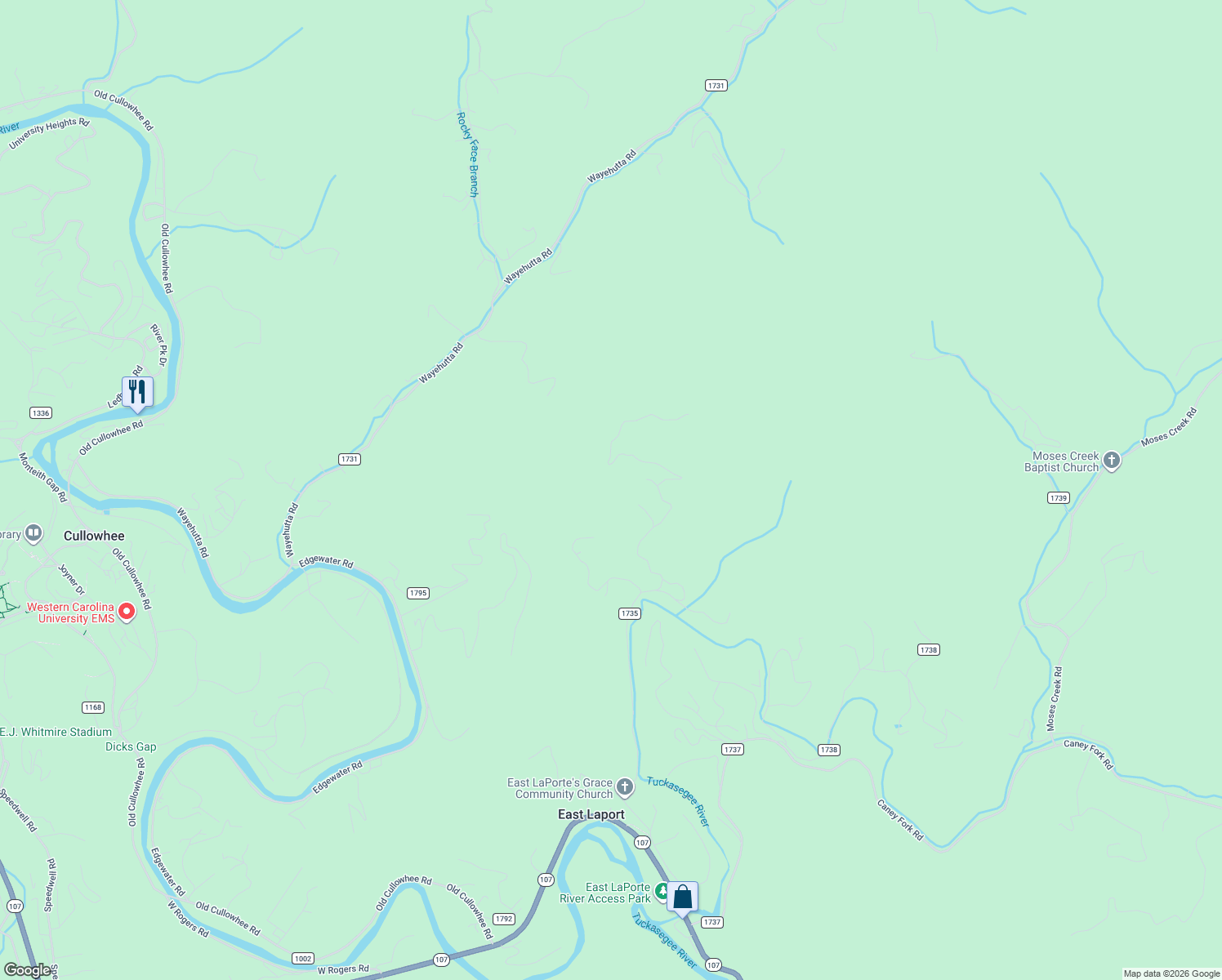 map of restaurants, bars, coffee shops, grocery stores, and more near 31 East Laporte Acres in Cullowhee