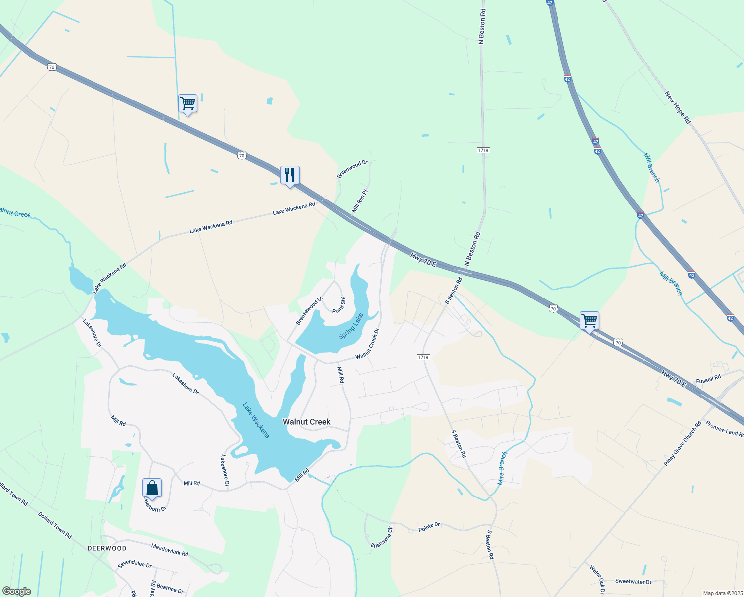 map of restaurants, bars, coffee shops, grocery stores, and more near 119 Walnut Creek Drive in Goldsboro