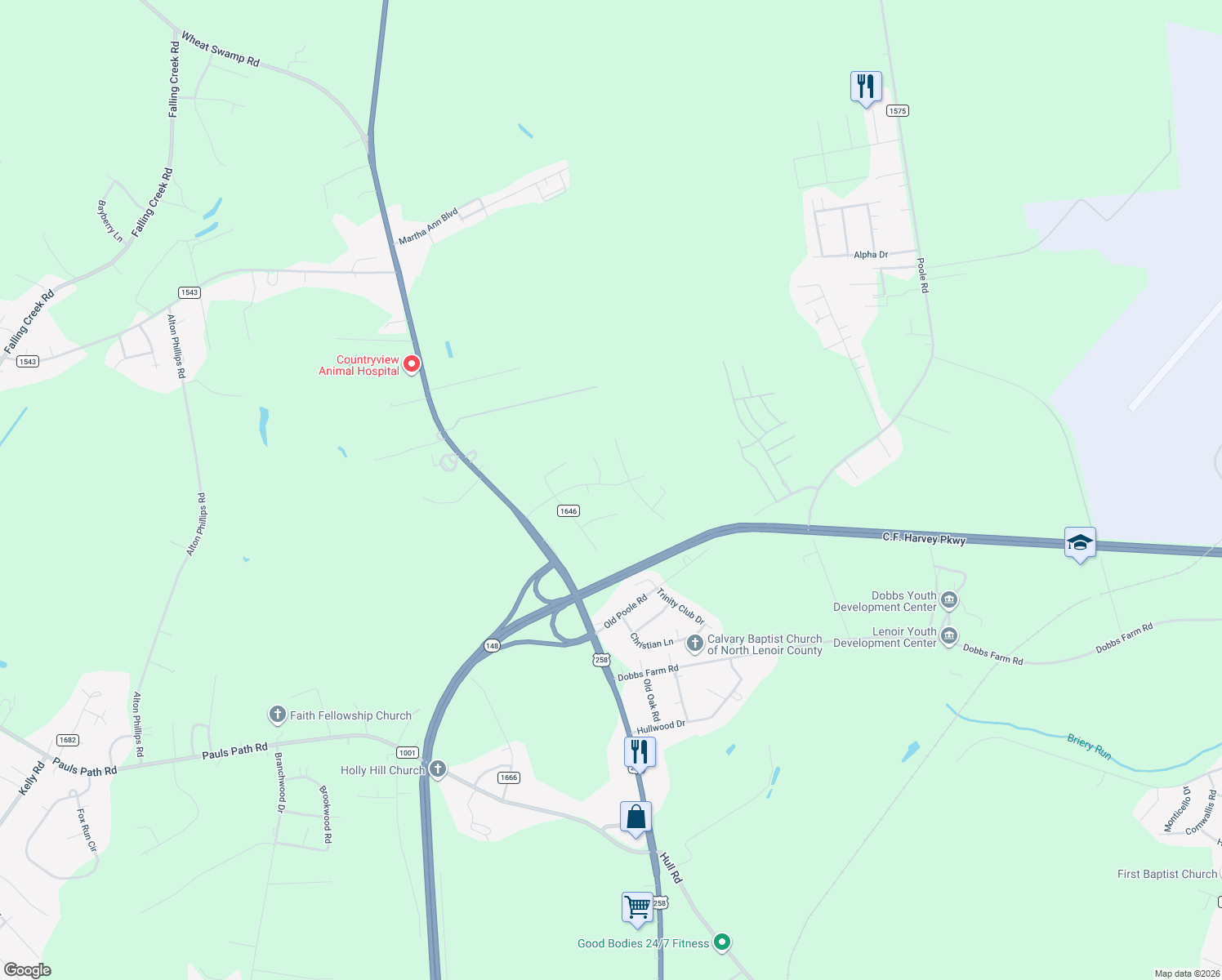 map of restaurants, bars, coffee shops, grocery stores, and more near 1957 Country Squire Rd in Kinston