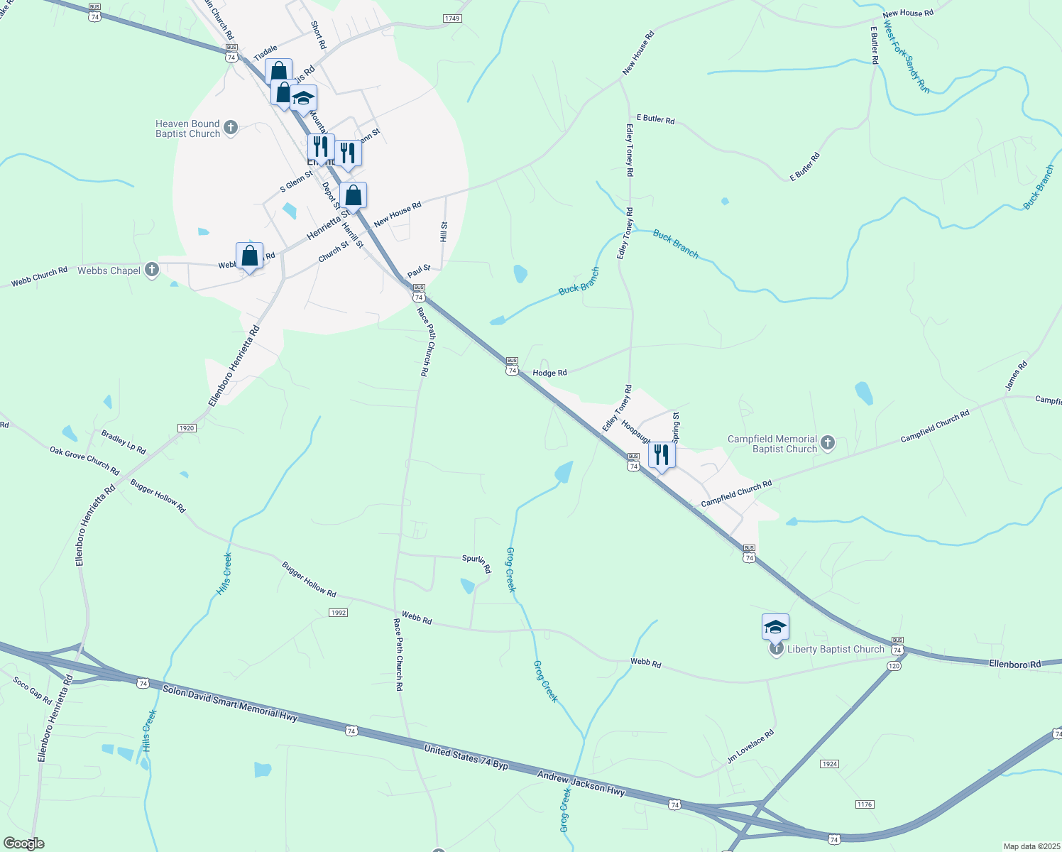 map of restaurants, bars, coffee shops, grocery stores, and more near 110 Capri Park Drive in Ellenboro