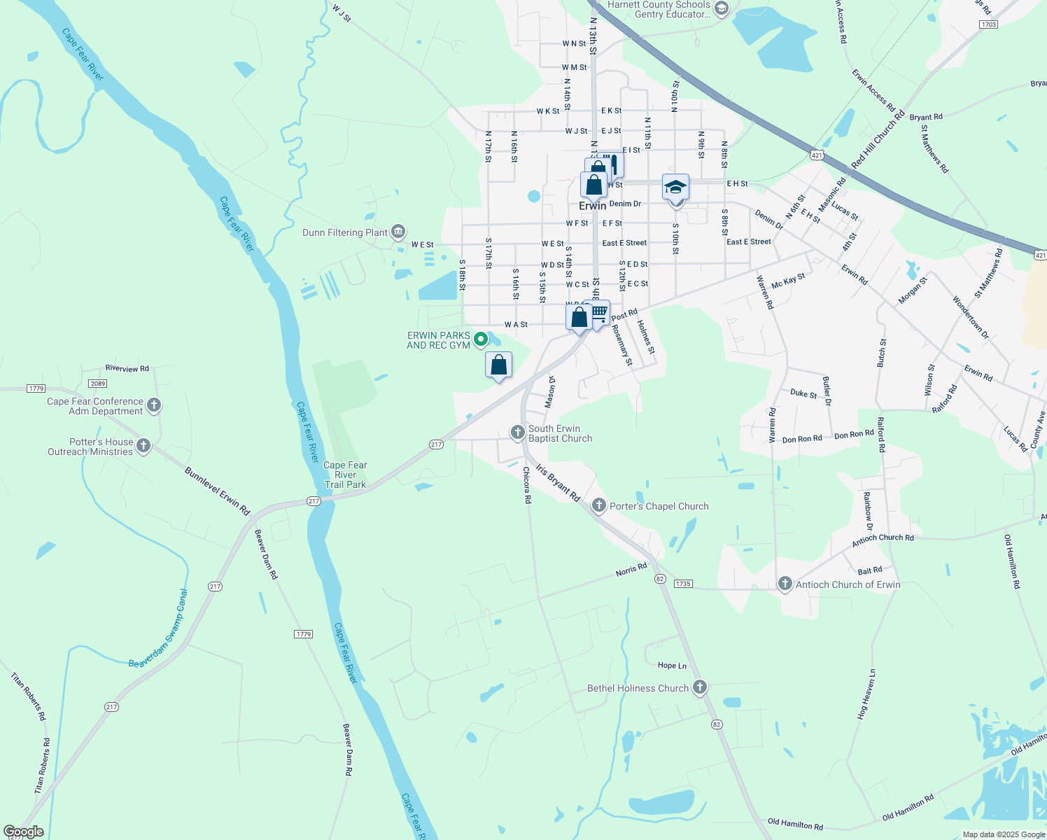 map of restaurants, bars, coffee shops, grocery stores, and more near Iris Bryant Road in Erwin