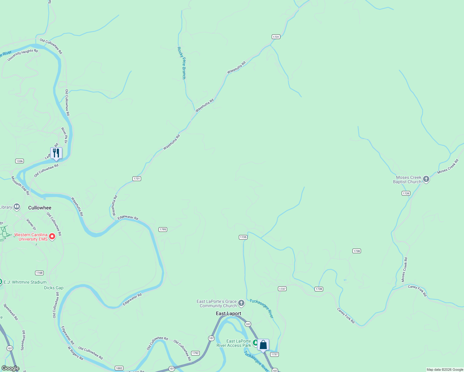 map of restaurants, bars, coffee shops, grocery stores, and more near 31 East Laporte Acres in Cullowhee