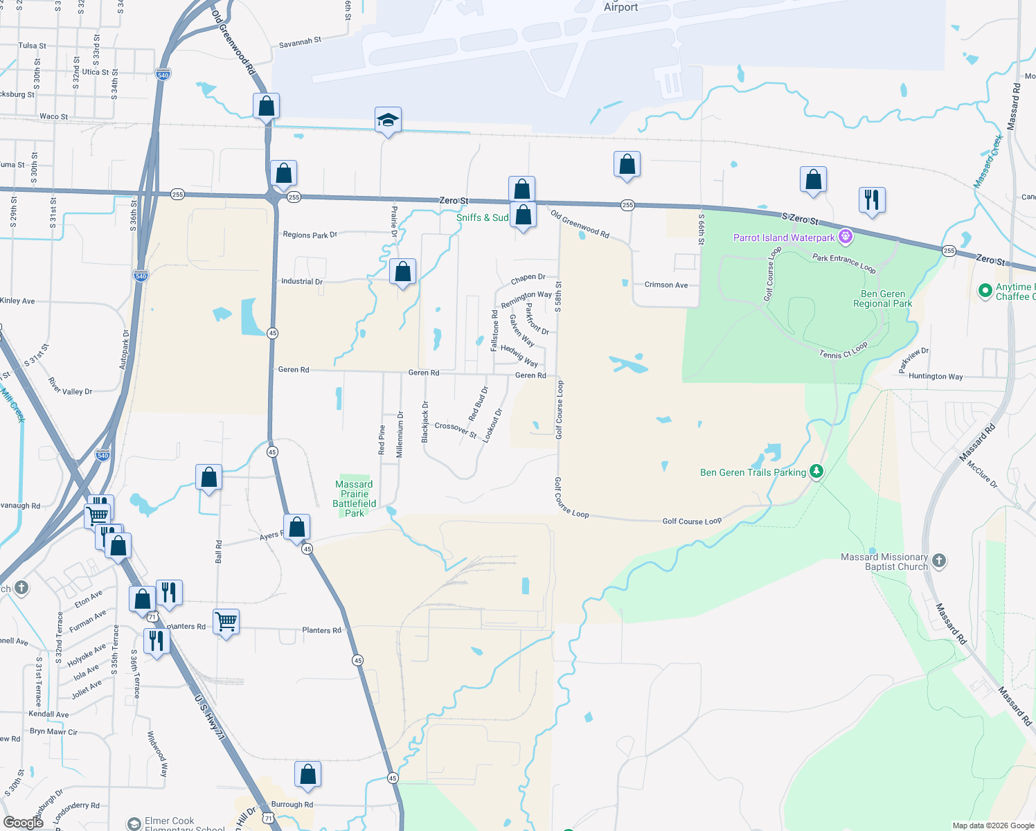 map of restaurants, bars, coffee shops, grocery stores, and more near 6919 Lookout Drive in Fort Smith
