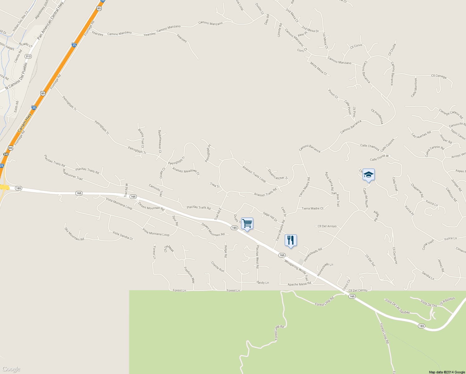 map of restaurants, bars, coffee shops, grocery stores, and more near 33 Anasazi Trails Rd in Placitas