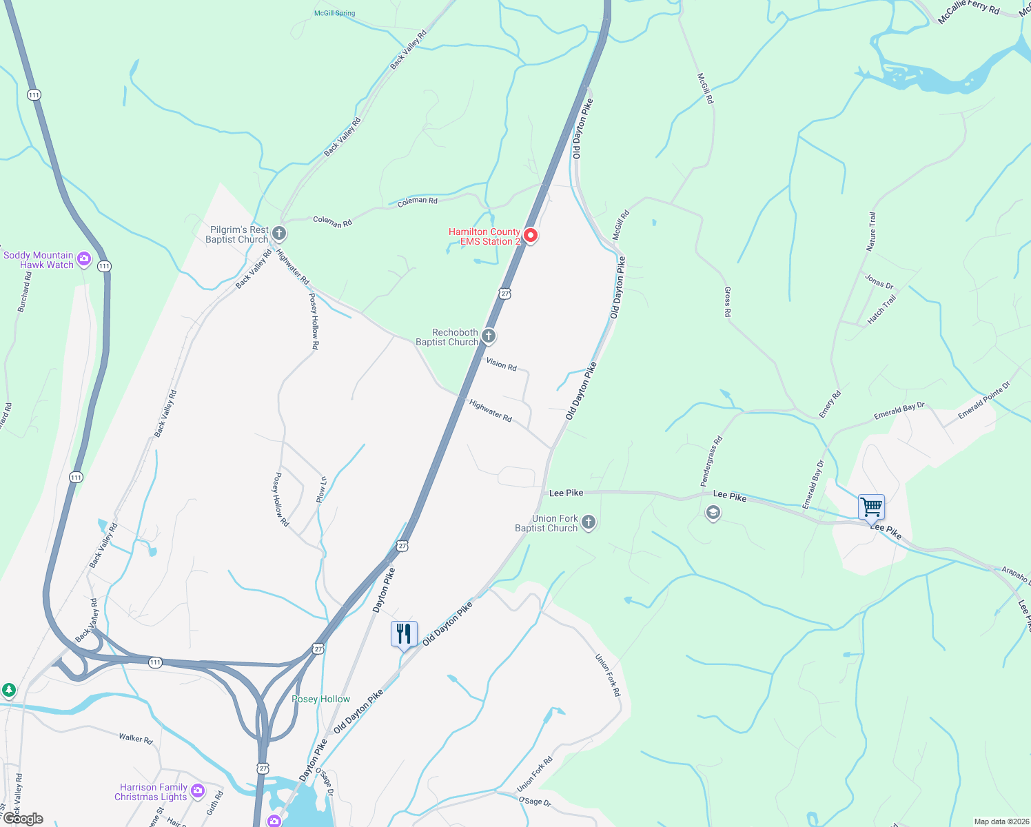 map of restaurants, bars, coffee shops, grocery stores, and more near 197 Highwater Road in Soddy-Daisy