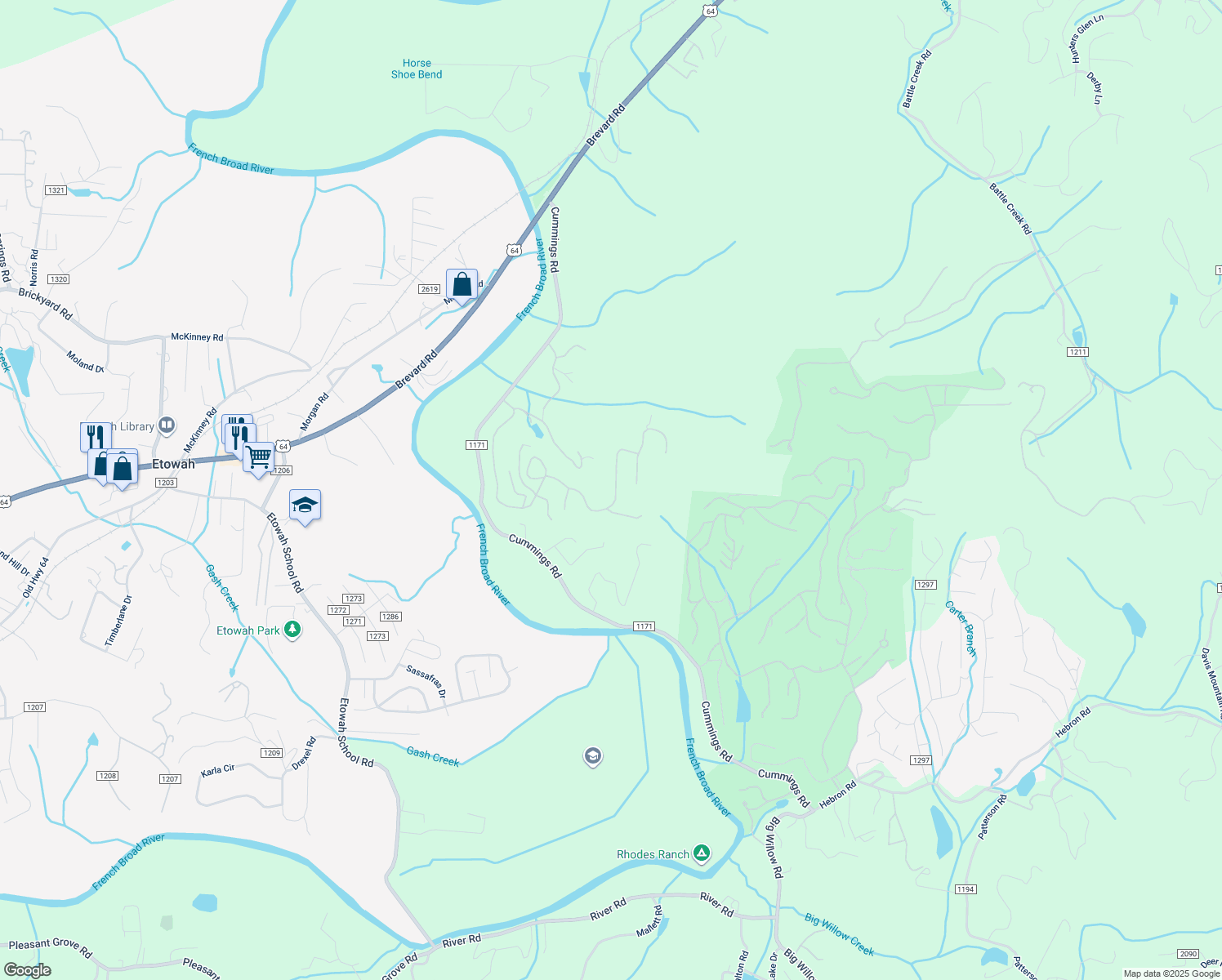 map of restaurants, bars, coffee shops, grocery stores, and more near 309 Mountain Valley Drive in Hendersonville