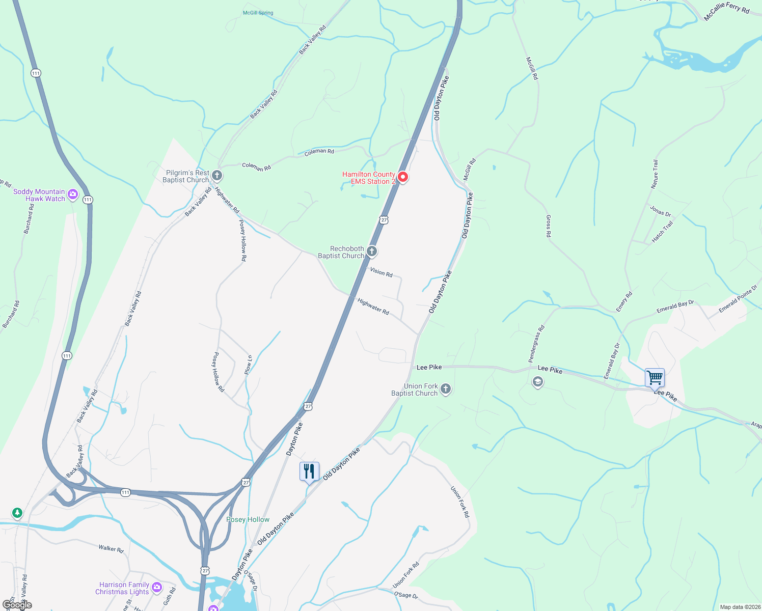 map of restaurants, bars, coffee shops, grocery stores, and more near 197 Highwater Road in Soddy-Daisy
