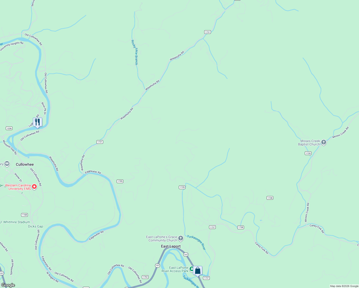 map of restaurants, bars, coffee shops, grocery stores, and more near 31 East Laporte Acres in Cullowhee