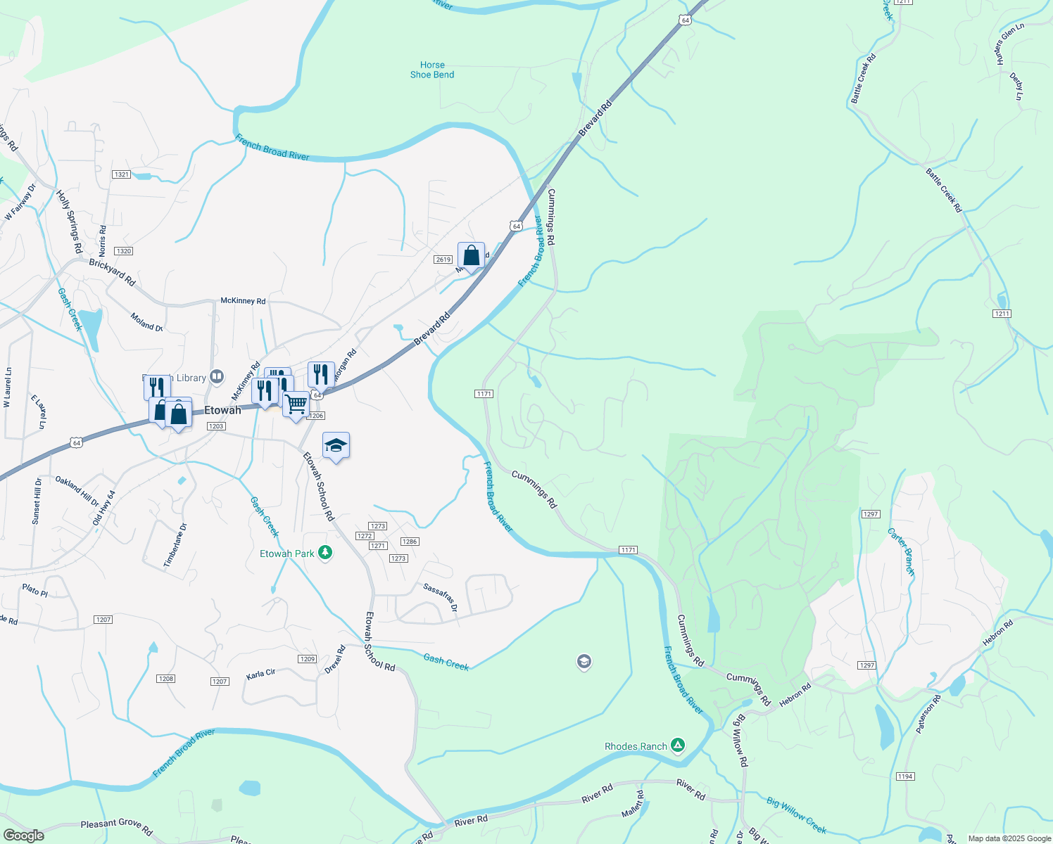map of restaurants, bars, coffee shops, grocery stores, and more near 190 Circle Top Drive in Hendersonville