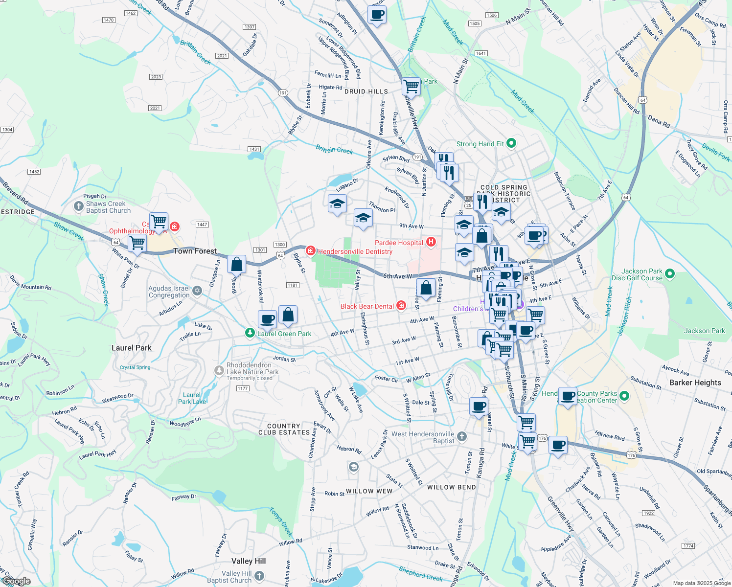 map of restaurants, bars, coffee shops, grocery stores, and more near 536 Ehringhaus Street in Hendersonville
