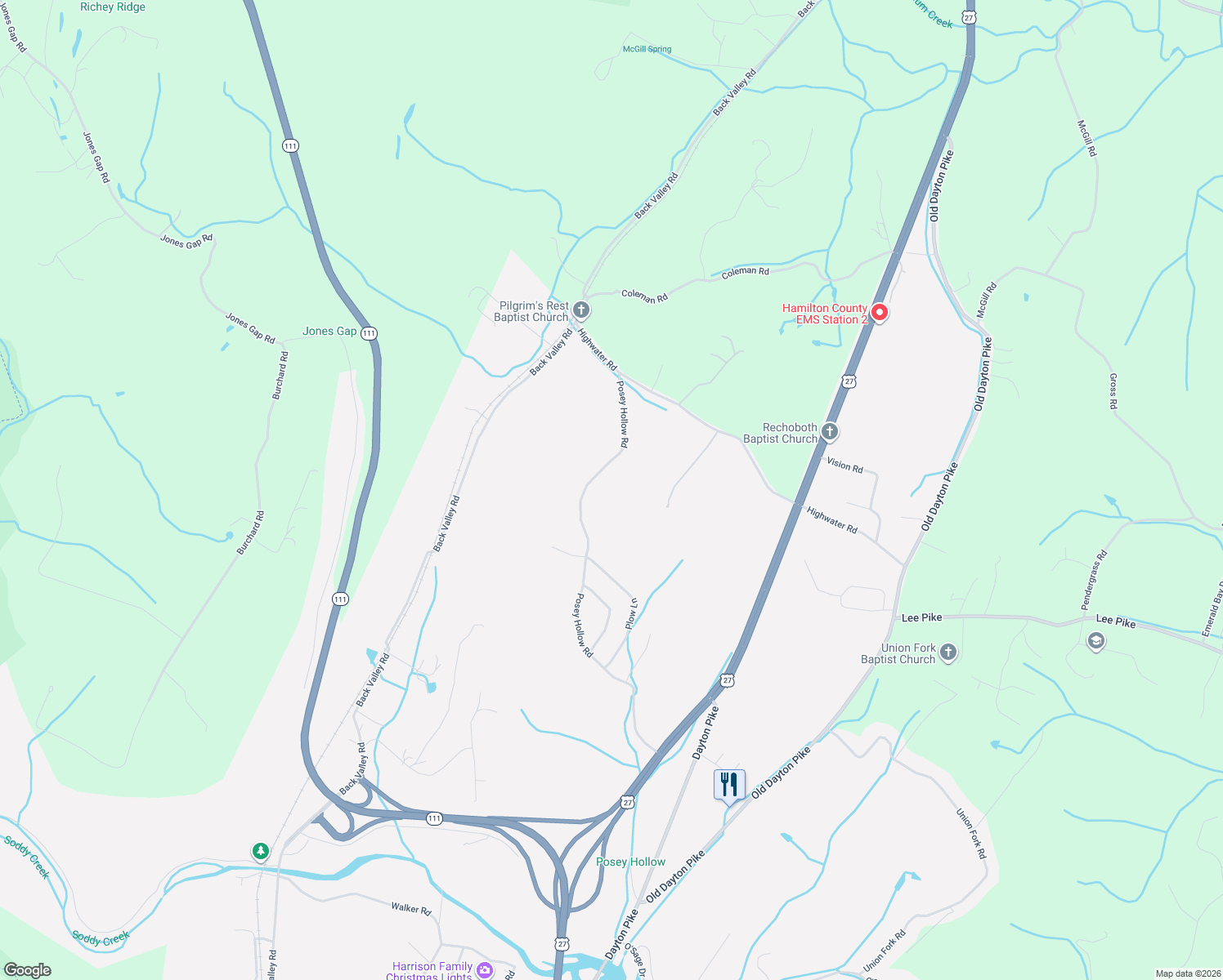 map of restaurants, bars, coffee shops, grocery stores, and more near 12414 Posey Hollow Road in Soddy-Daisy