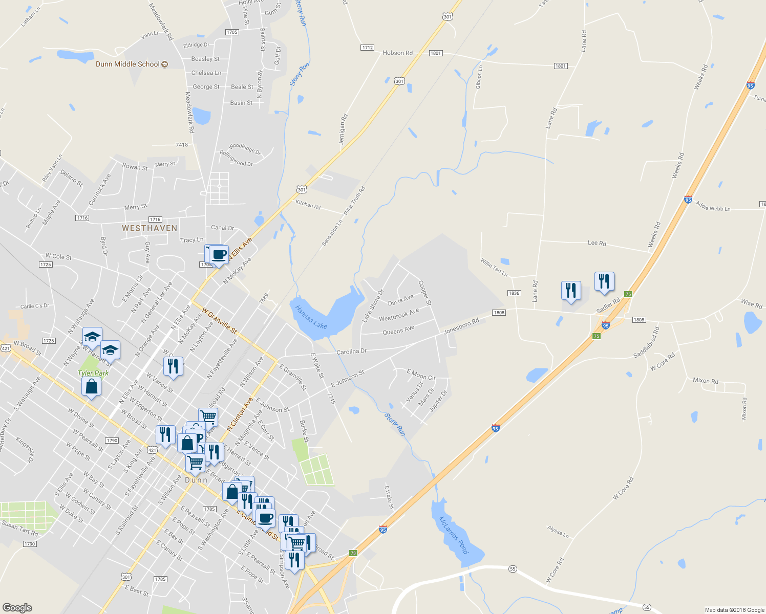 map of restaurants, bars, coffee shops, grocery stores, and more near 602 Davis Avenue in Dunn