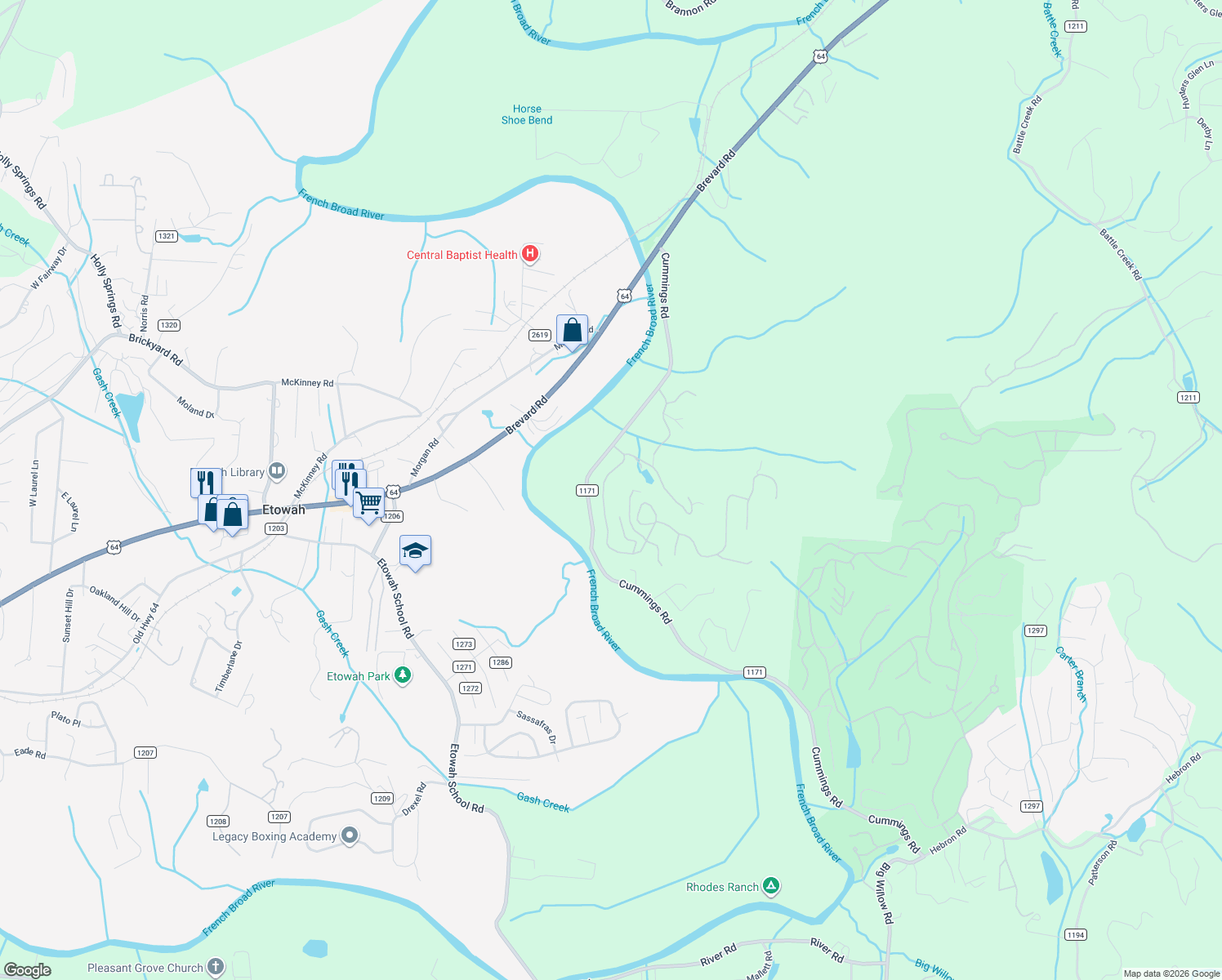 map of restaurants, bars, coffee shops, grocery stores, and more near 117 Mountain Valley Drive in Hendersonville