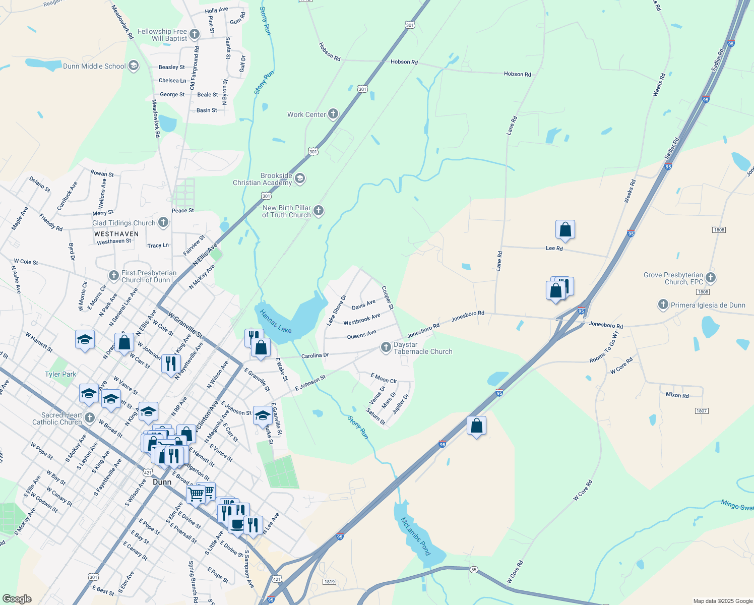 map of restaurants, bars, coffee shops, grocery stores, and more near 806 Davis Ave in Dunn