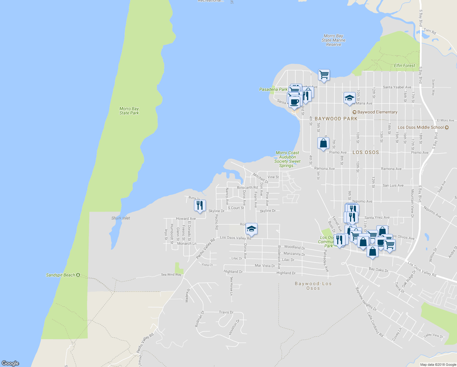map of restaurants, bars, coffee shops, grocery stores, and more near 1780 Nancy Avenue in Baywood-Los Osos