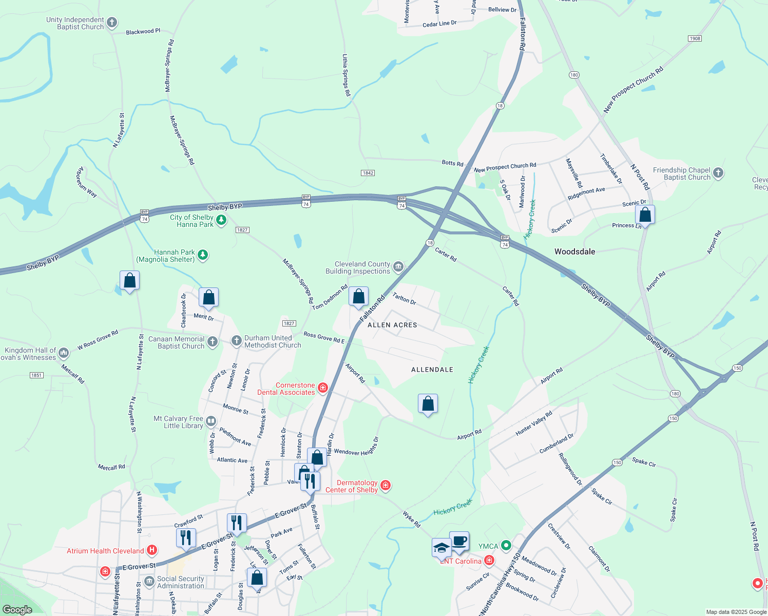 map of restaurants, bars, coffee shops, grocery stores, and more near 1308 Fallston Road in Shelby