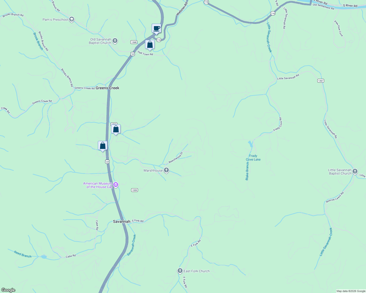 map of restaurants, bars, coffee shops, grocery stores, and more near 17 Mule Pen Way in Sylva