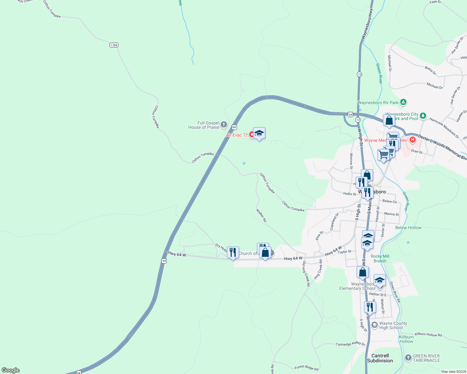 map of restaurants, bars, coffee shops, grocery stores, and more near in Waynesboro
