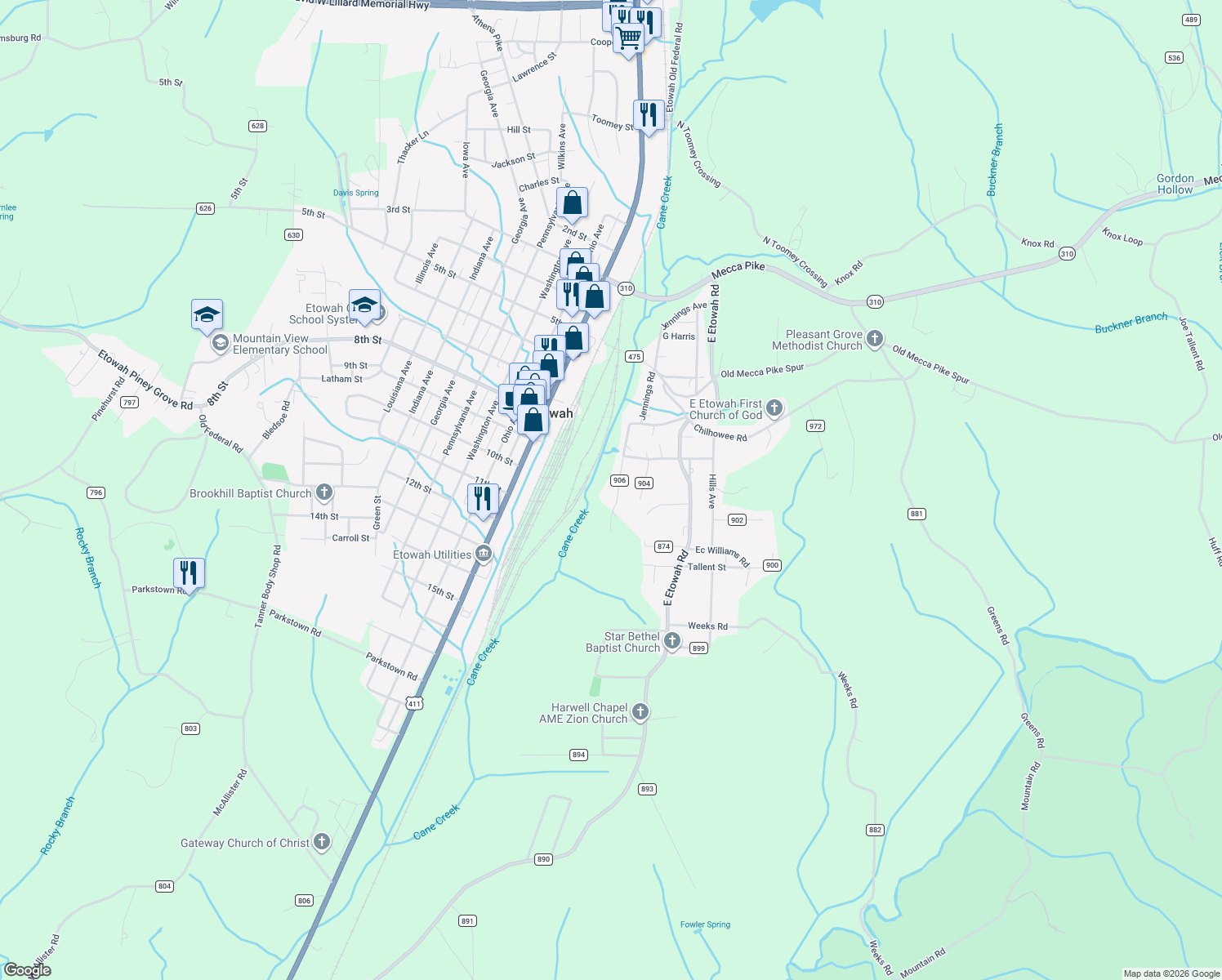 map of restaurants, bars, coffee shops, grocery stores, and more near 172 County Road 906 in Etowah