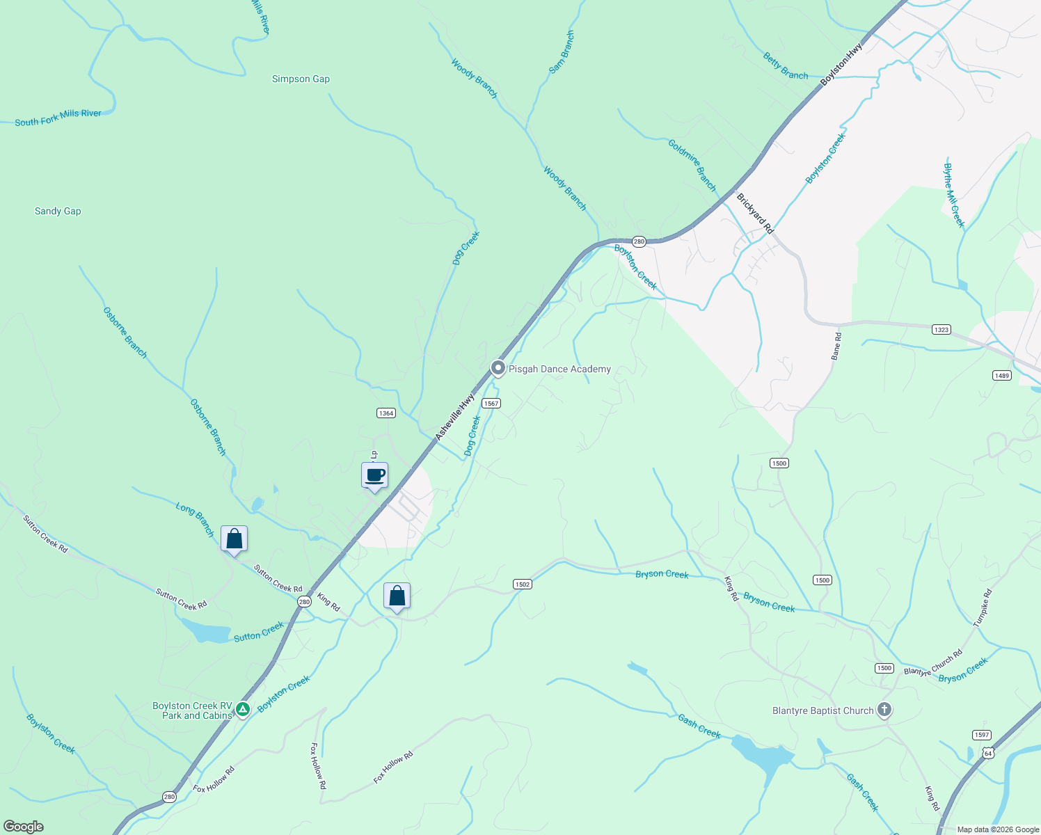 map of restaurants, bars, coffee shops, grocery stores, and more near 45 Sandrock Trail in Pisgah Forest
