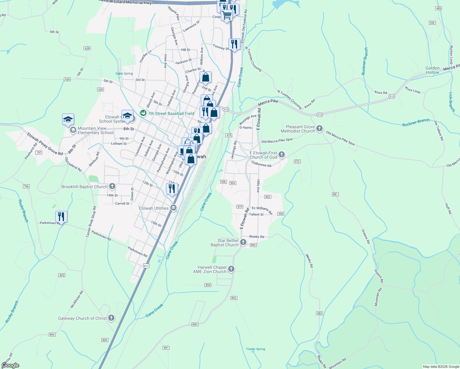 map of restaurants, bars, coffee shops, grocery stores, and more near 116 County Road 904 in Etowah