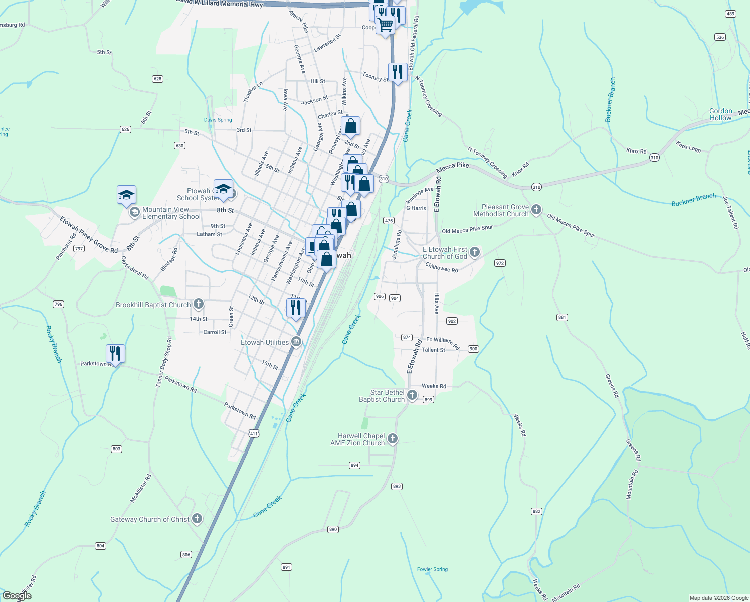 map of restaurants, bars, coffee shops, grocery stores, and more near 172 County Road 906 in Etowah