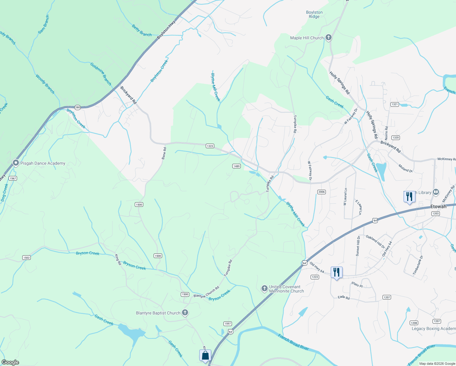 map of restaurants, bars, coffee shops, grocery stores, and more near 216 Windy Cove Drive in Horse Shoe