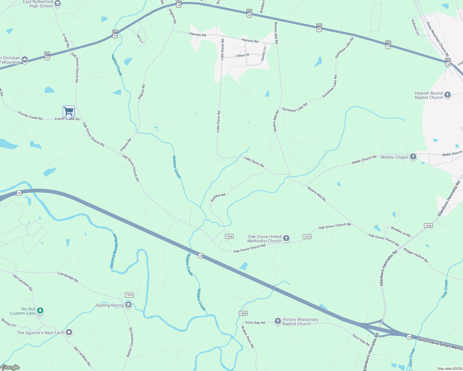 map of restaurants, bars, coffee shops, grocery stores, and more near 266 Wallace Road in Ellenboro
