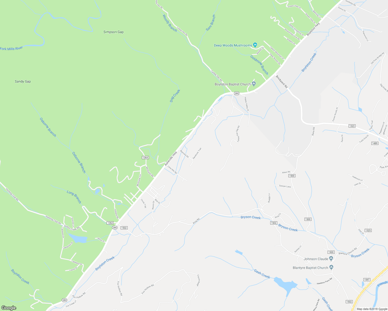 map of restaurants, bars, coffee shops, grocery stores, and more near 45 Sandrock Trail in Pisgah Forest