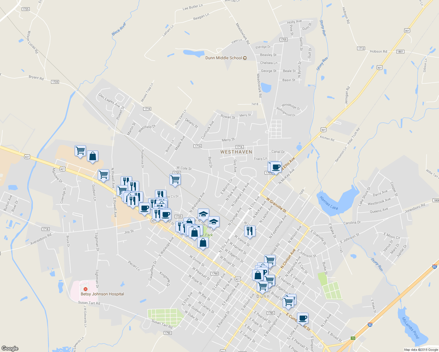 map of restaurants, bars, coffee shops, grocery stores, and more near 1014 West Cole Street in Dunn