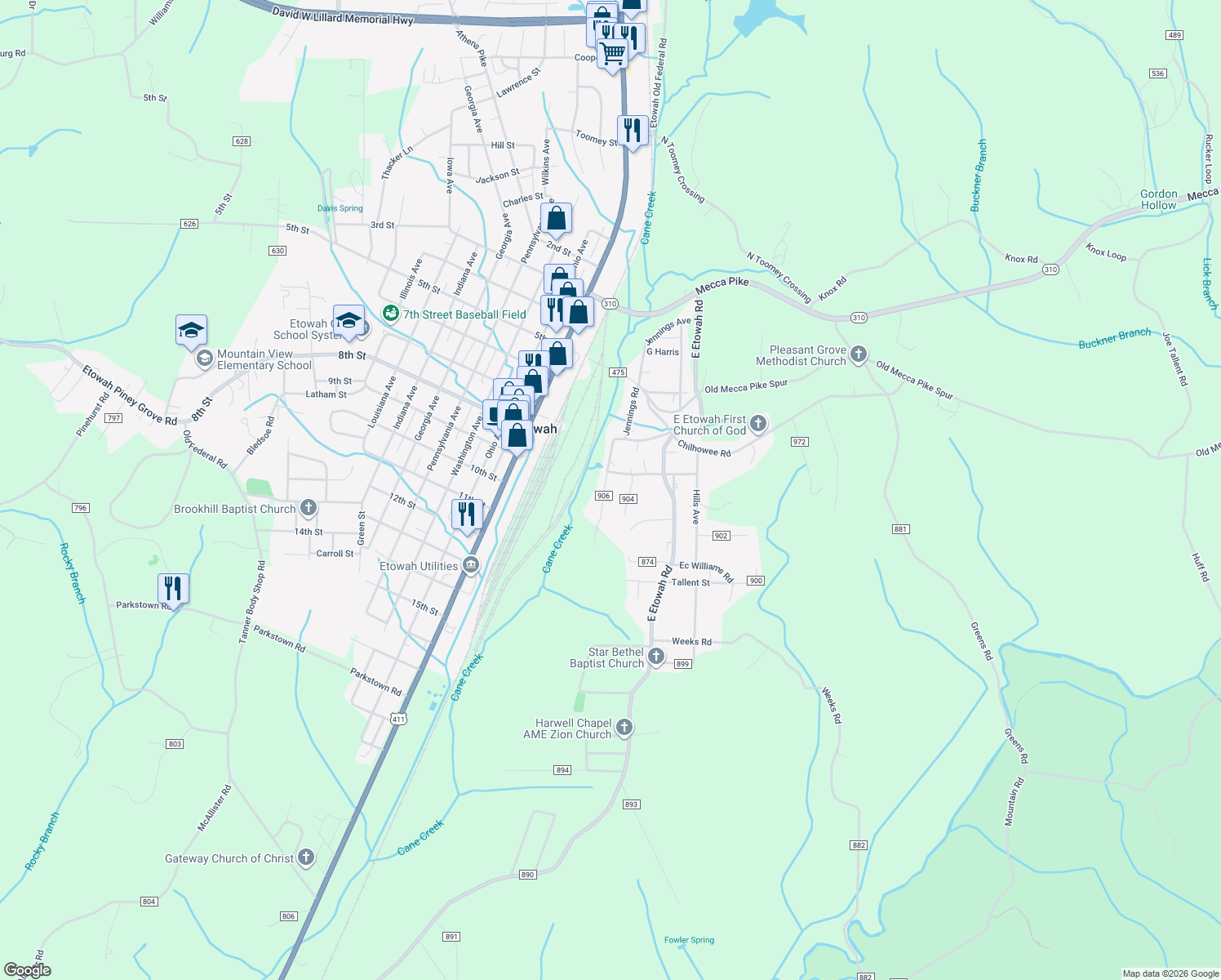 map of restaurants, bars, coffee shops, grocery stores, and more near 116 County Road 904 in Etowah