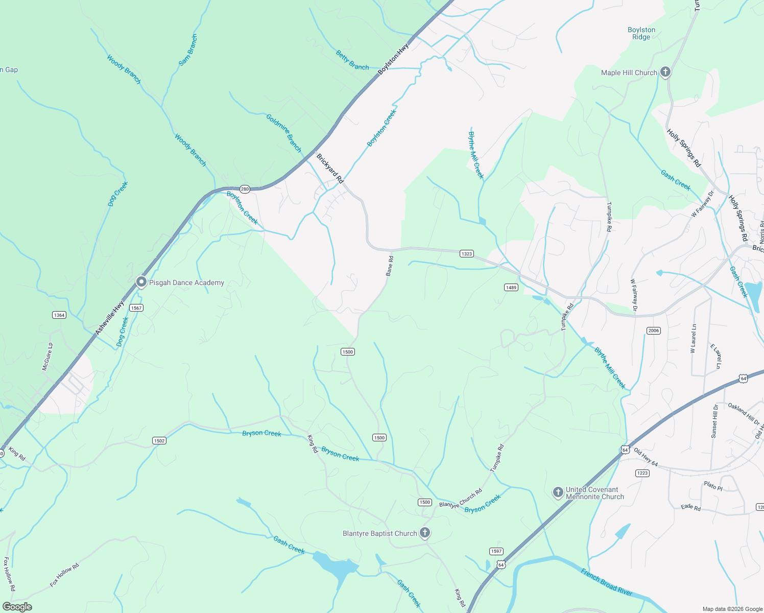 map of restaurants, bars, coffee shops, grocery stores, and more near 265 Bane Road in Mills River