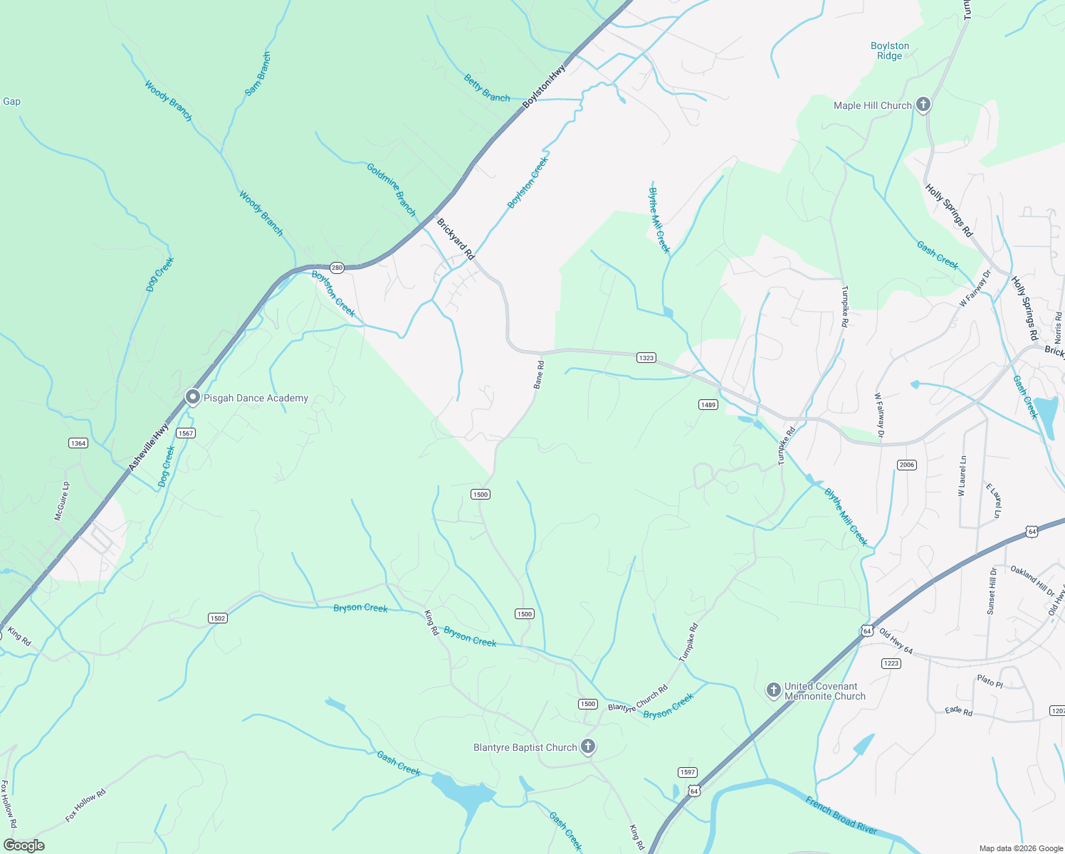map of restaurants, bars, coffee shops, grocery stores, and more near 265 Bane Road in Mills River
