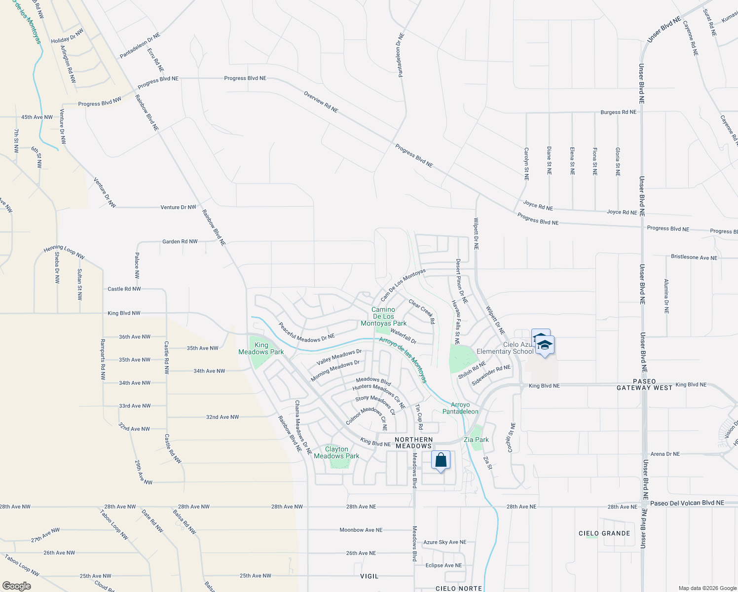 map of restaurants, bars, coffee shops, grocery stores, and more near Playful Meadows Drive Northeast in Rio Rancho