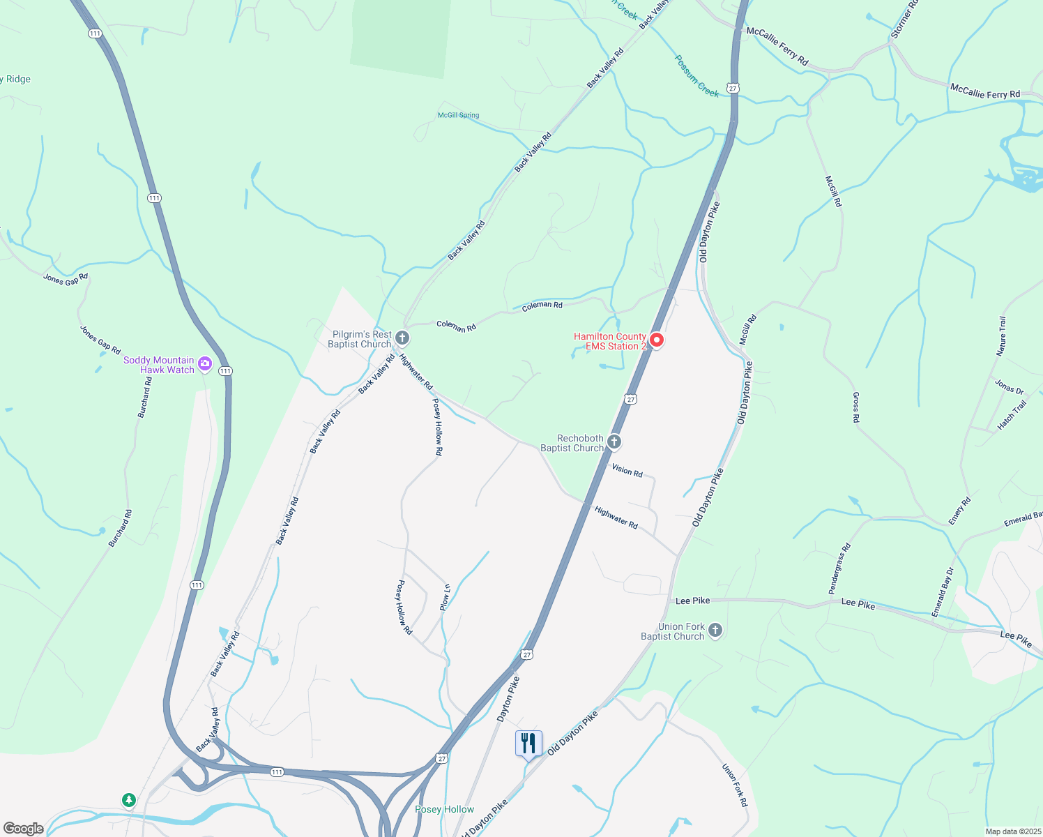 map of restaurants, bars, coffee shops, grocery stores, and more near 273 Highwater Road in Soddy-Daisy