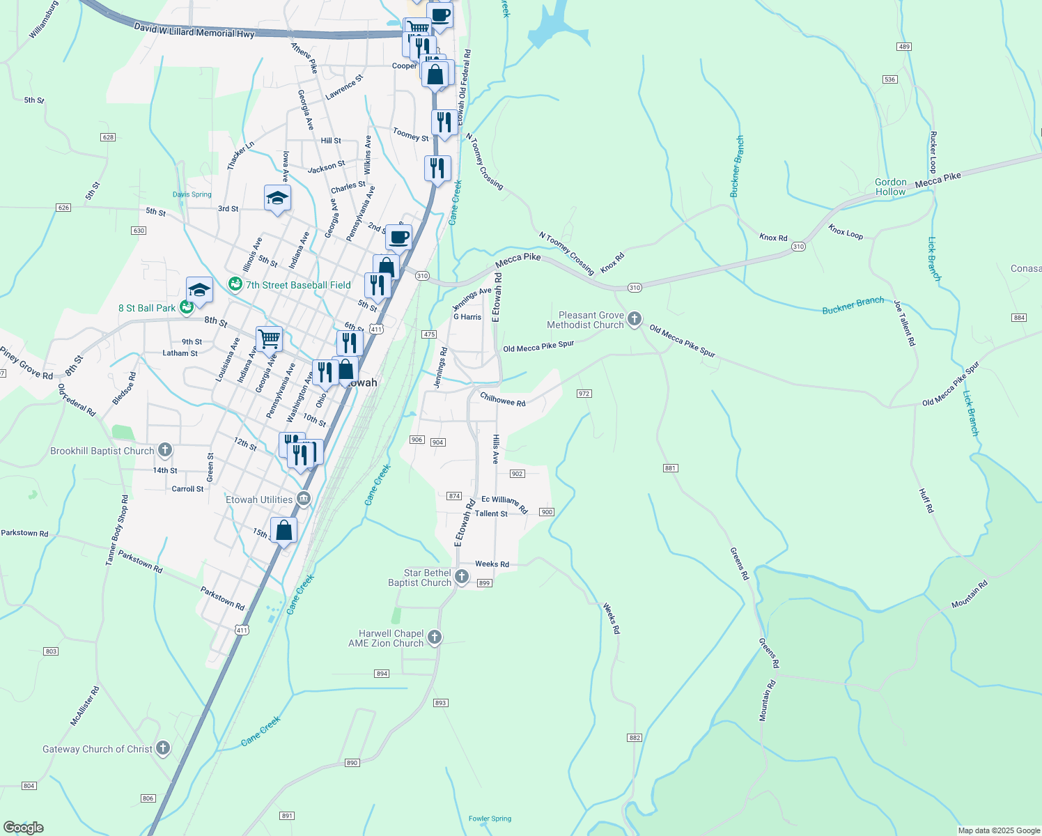 map of restaurants, bars, coffee shops, grocery stores, and more near 161 County Road 909 in Etowah