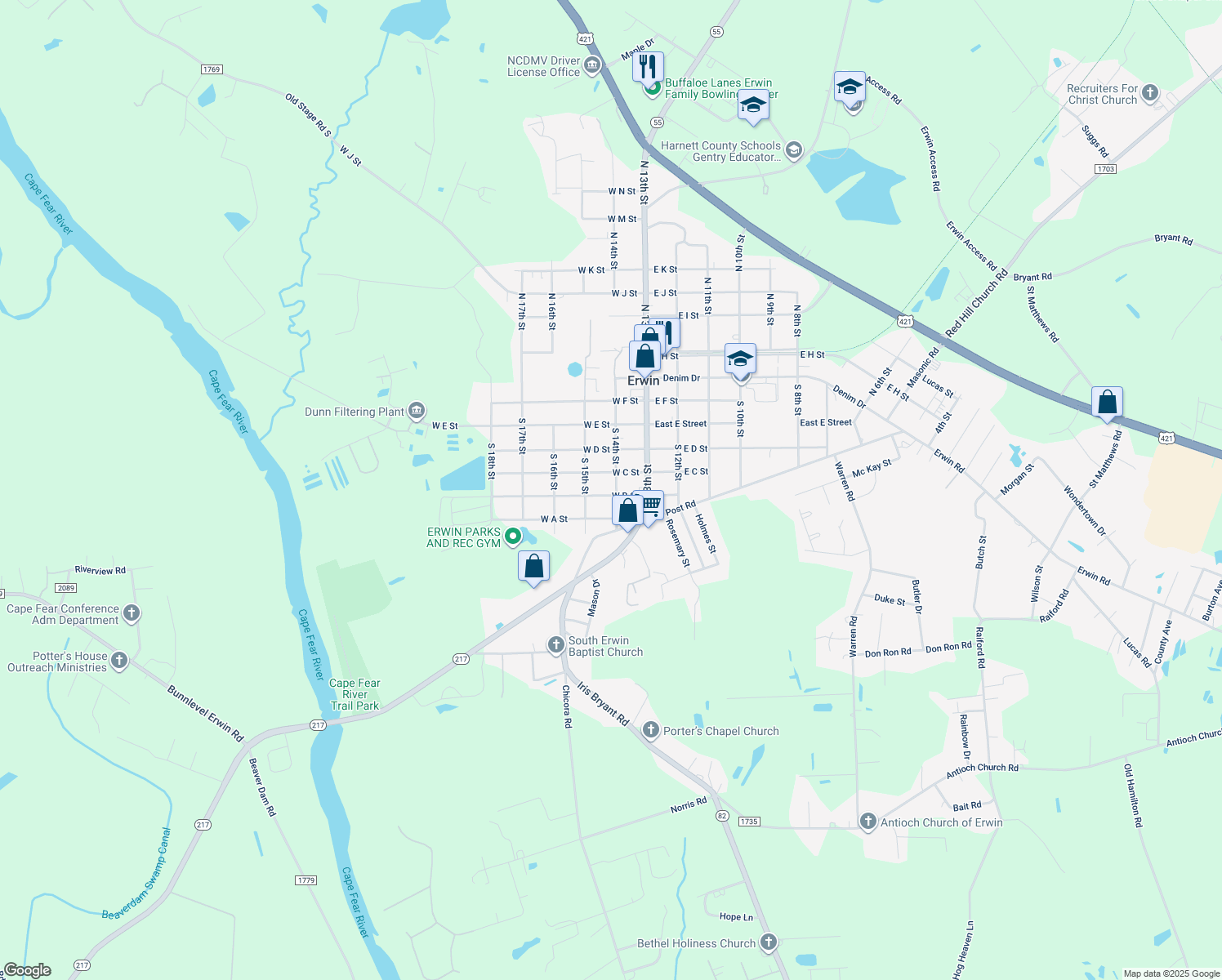 map of restaurants, bars, coffee shops, grocery stores, and more near 200 W B St in Erwin