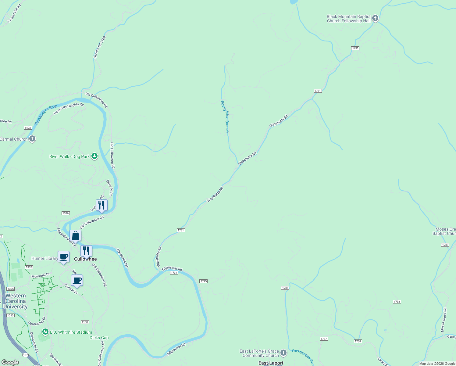 map of restaurants, bars, coffee shops, grocery stores, and more near 400 Doggone Road in Cullowhee