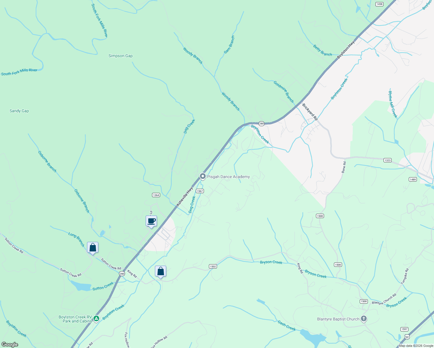 map of restaurants, bars, coffee shops, grocery stores, and more near 136 Limousine Lane in Pisgah Forest
