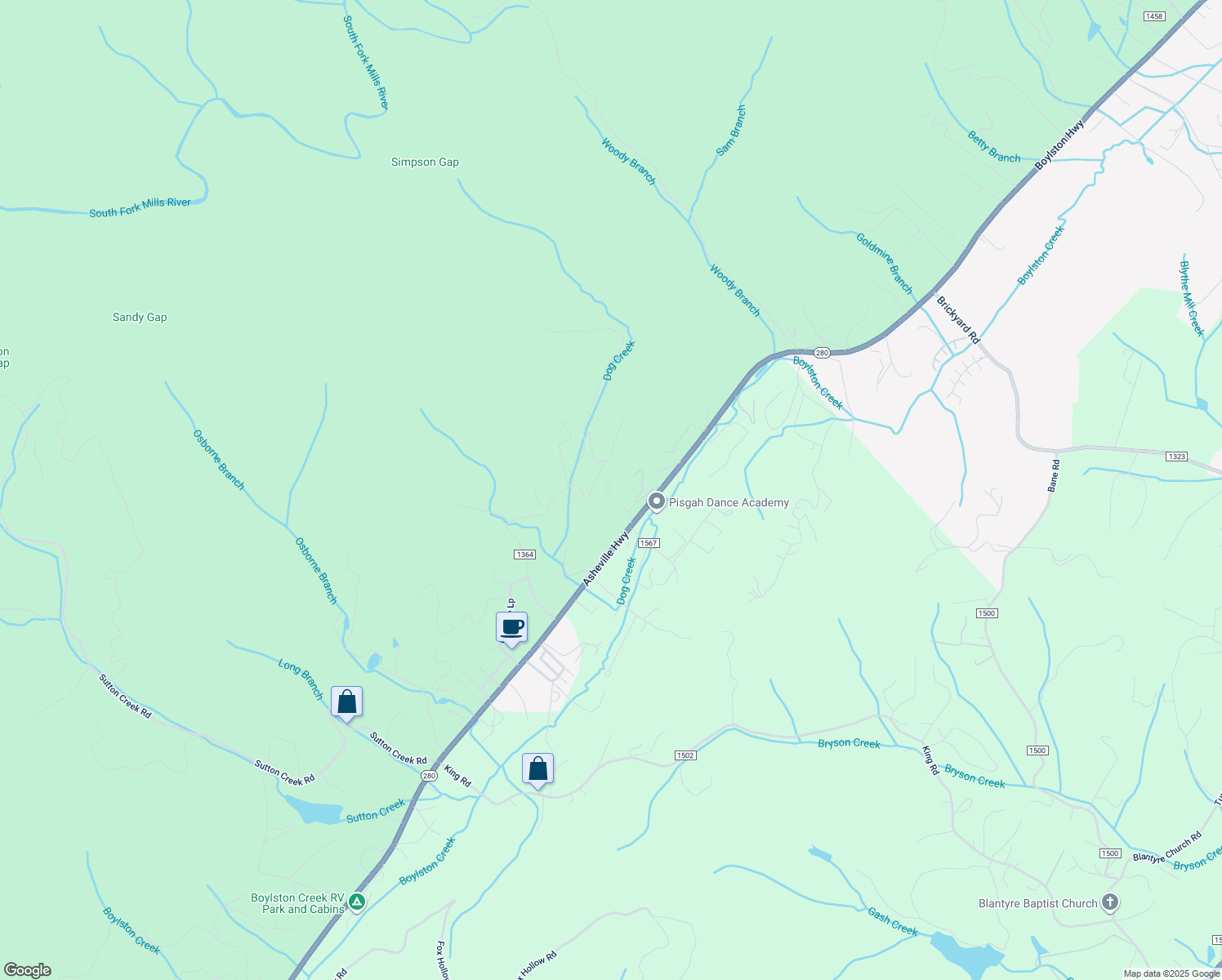map of restaurants, bars, coffee shops, grocery stores, and more near 170 Squirrel Ridge in Pisgah Forest