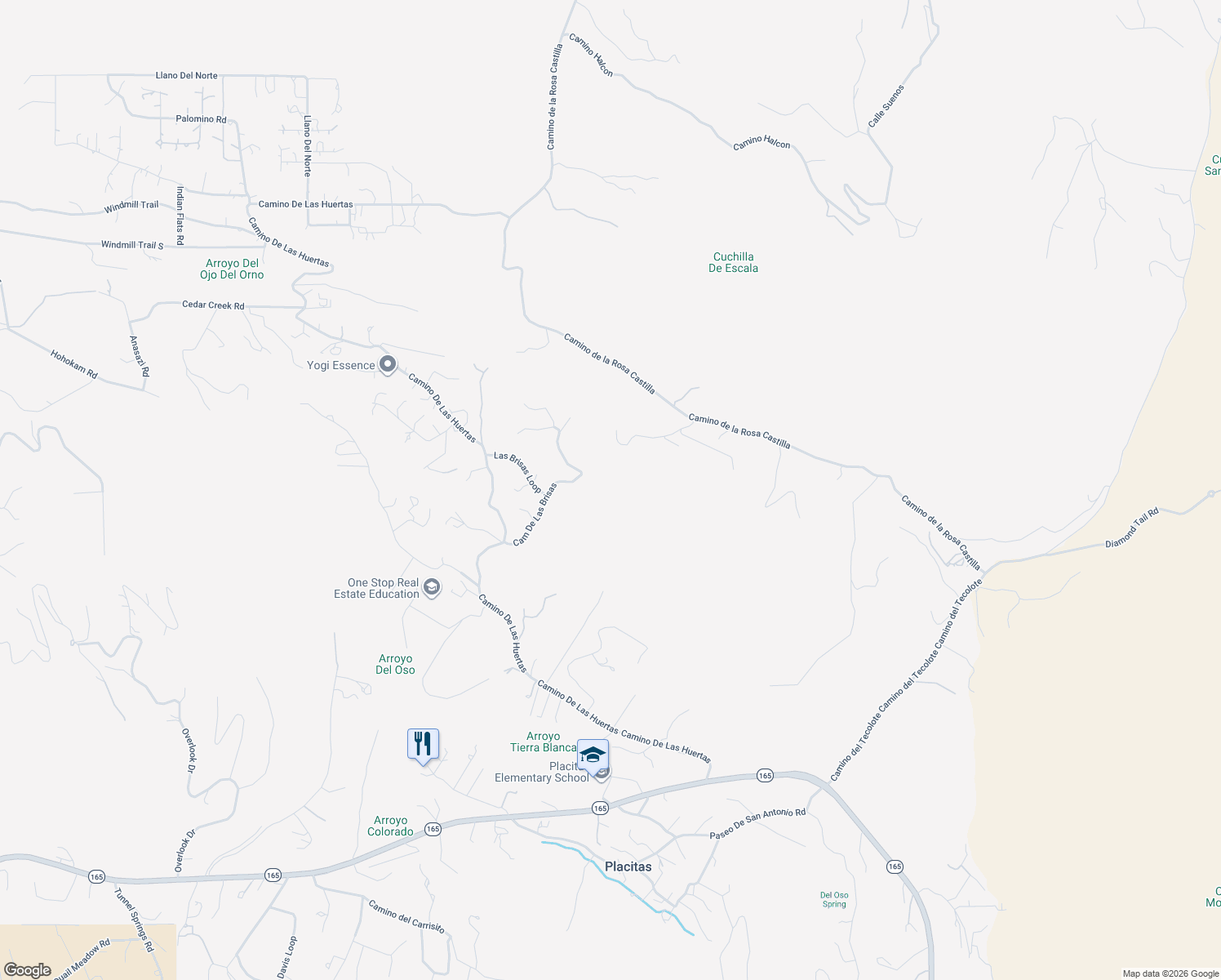 map of restaurants, bars, coffee shops, grocery stores, and more near 22 Calle Del Arroyo in Placitas
