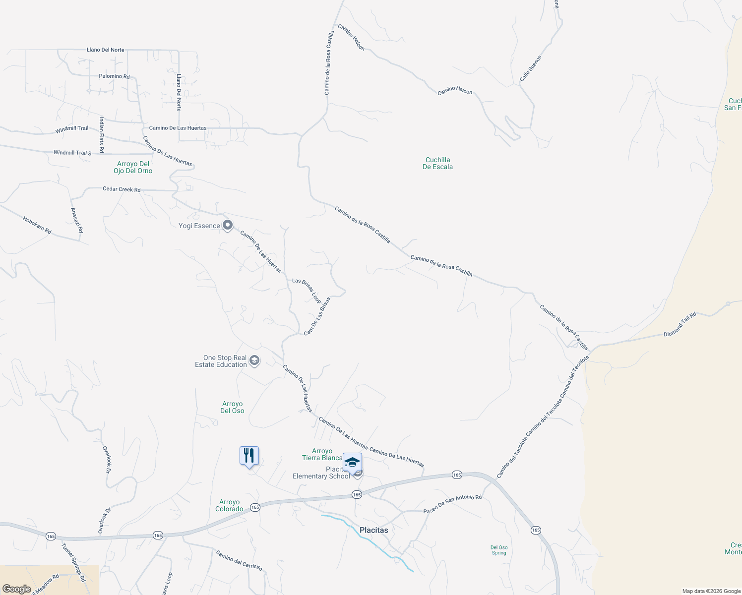 map of restaurants, bars, coffee shops, grocery stores, and more near 22 Calle Del Arroyo in Placitas