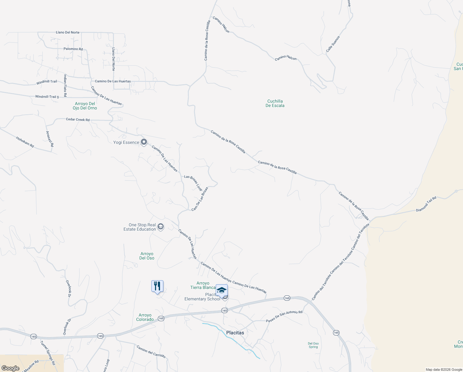 map of restaurants, bars, coffee shops, grocery stores, and more near 22 Calle Del Arroyo in Placitas