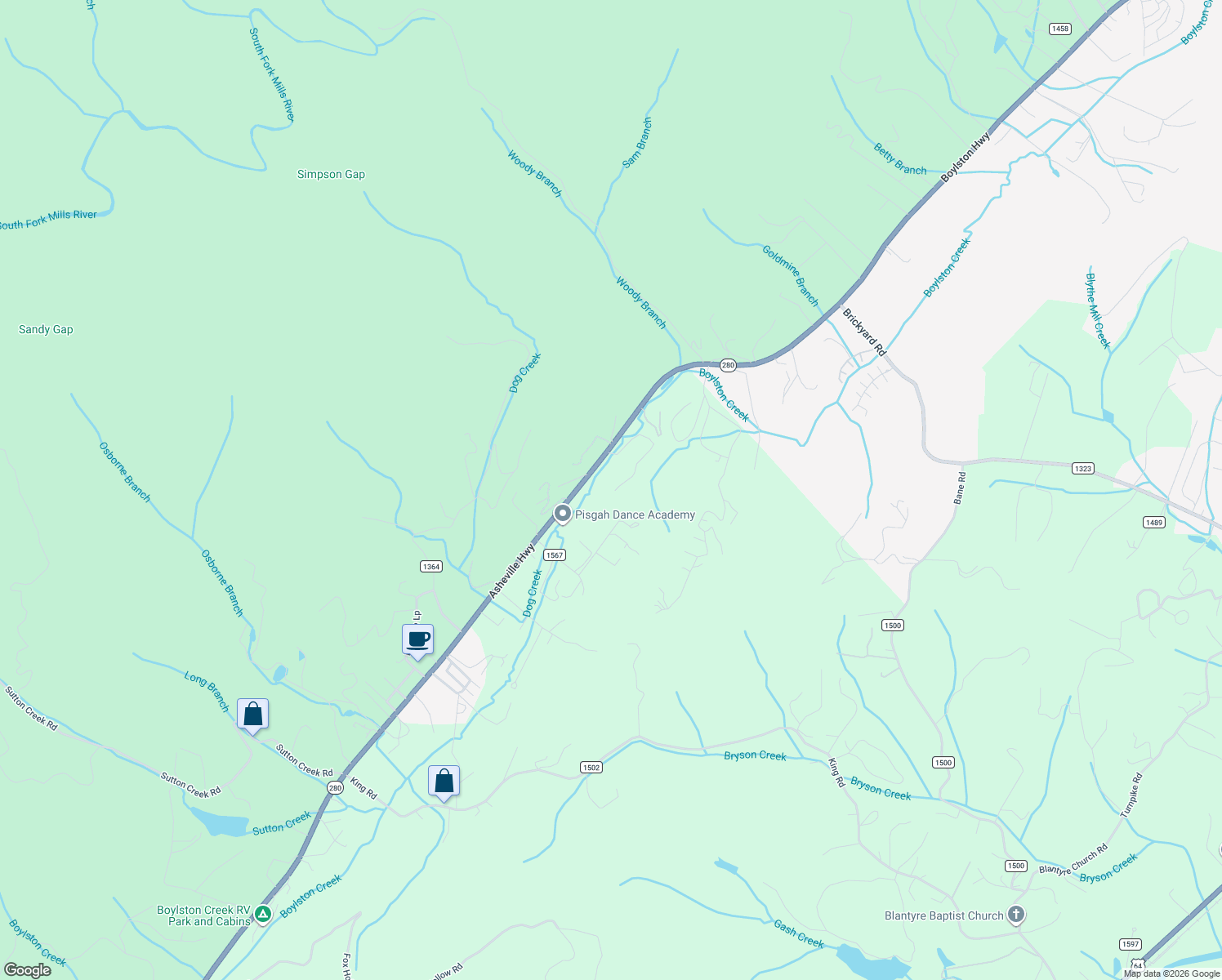 map of restaurants, bars, coffee shops, grocery stores, and more near 136 Limousine Lane in Transylvania County