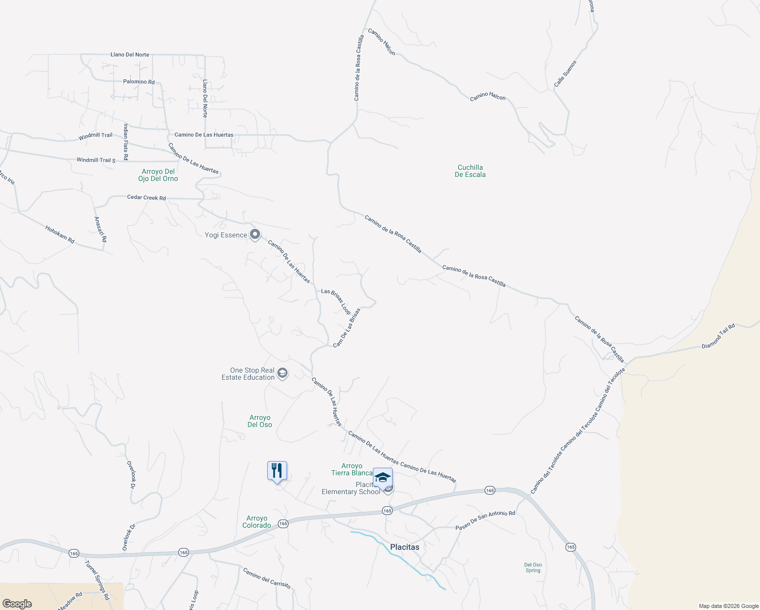 map of restaurants, bars, coffee shops, grocery stores, and more near 22 Calle Del Arroyo in Placitas